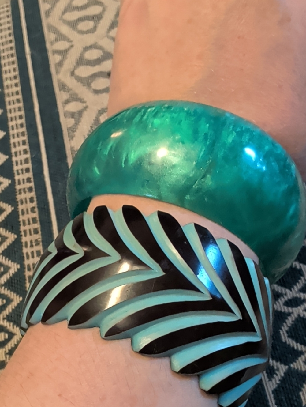Turquoise Resin Cuff Bracelet Set - Aqua & Black Leaf Design